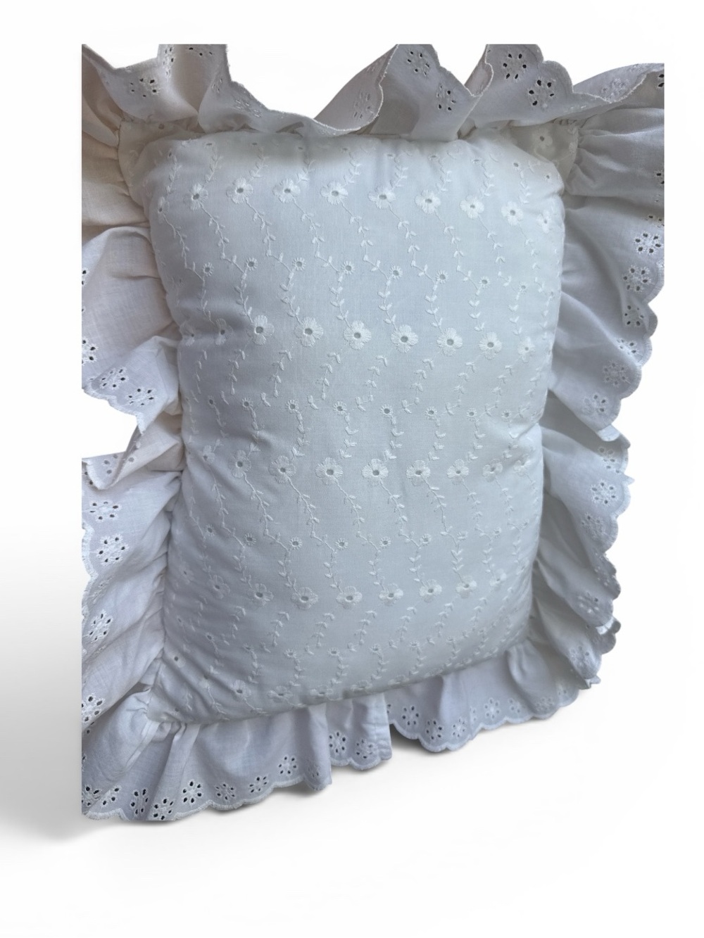Vtg 3-Pc Set: White Eyelet Ruffle Bedskirt Full-Size, Valance& Decorative Pillow